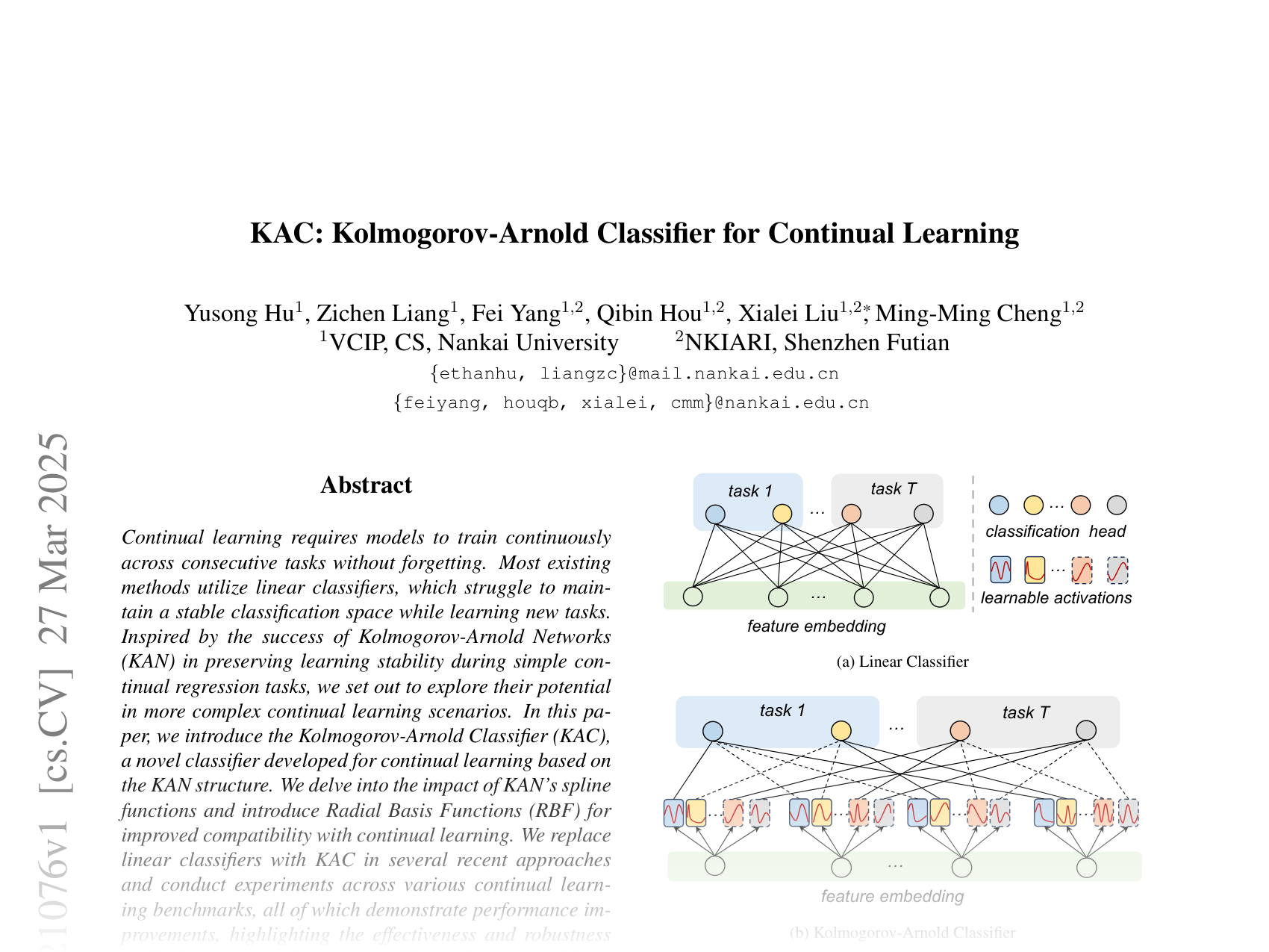 [KAC: Kolmogorov-Arnold Classifier for Continual Learning 🔗](https://arxiv.org/abs/2503.21076)