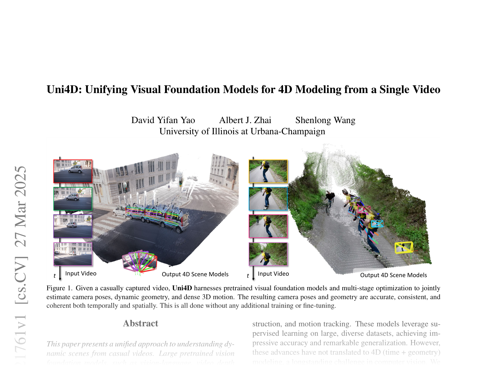 [Uni4D: Unifying Visual Foundation Models for 4D Modeling from a Single Video 🔗](https://arxiv.org/abs/2503.21761)
