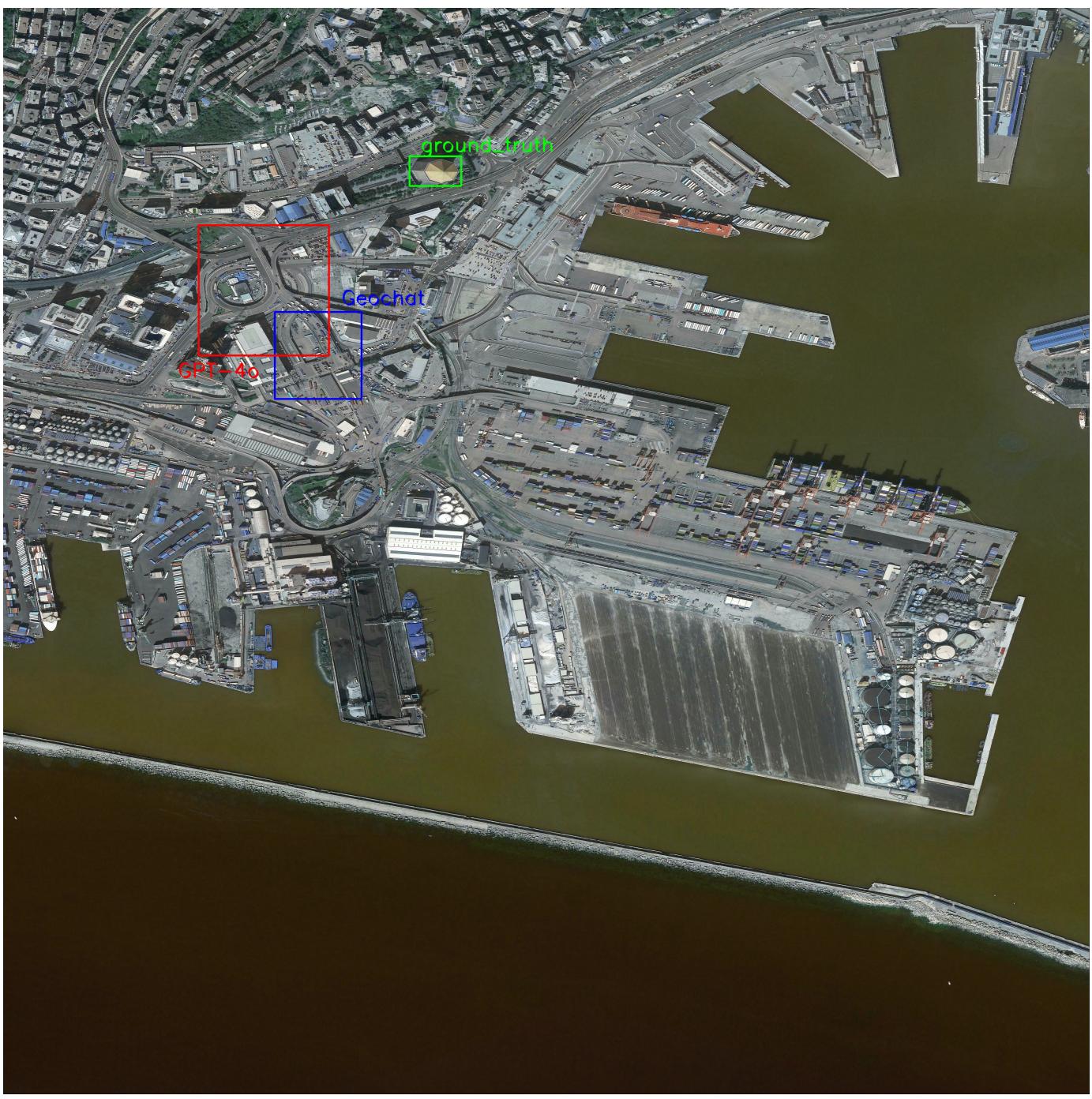 Figure 7. A visual grounding failure case. The prompt asks for a &ldquo;multi-sided building&rdquo;. The Ground Truth is a small specific building. GPT-4o selects a roundabout (road), and GeoChat selects a parking lot.