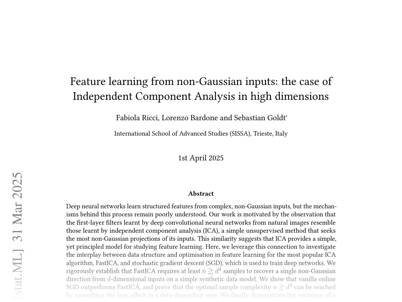 [Feature learning from non-Gaussian inputs: the case of Independent Component Analysis in high dimensions 🔗](https://arxiv.org/abs/2503.23896)
