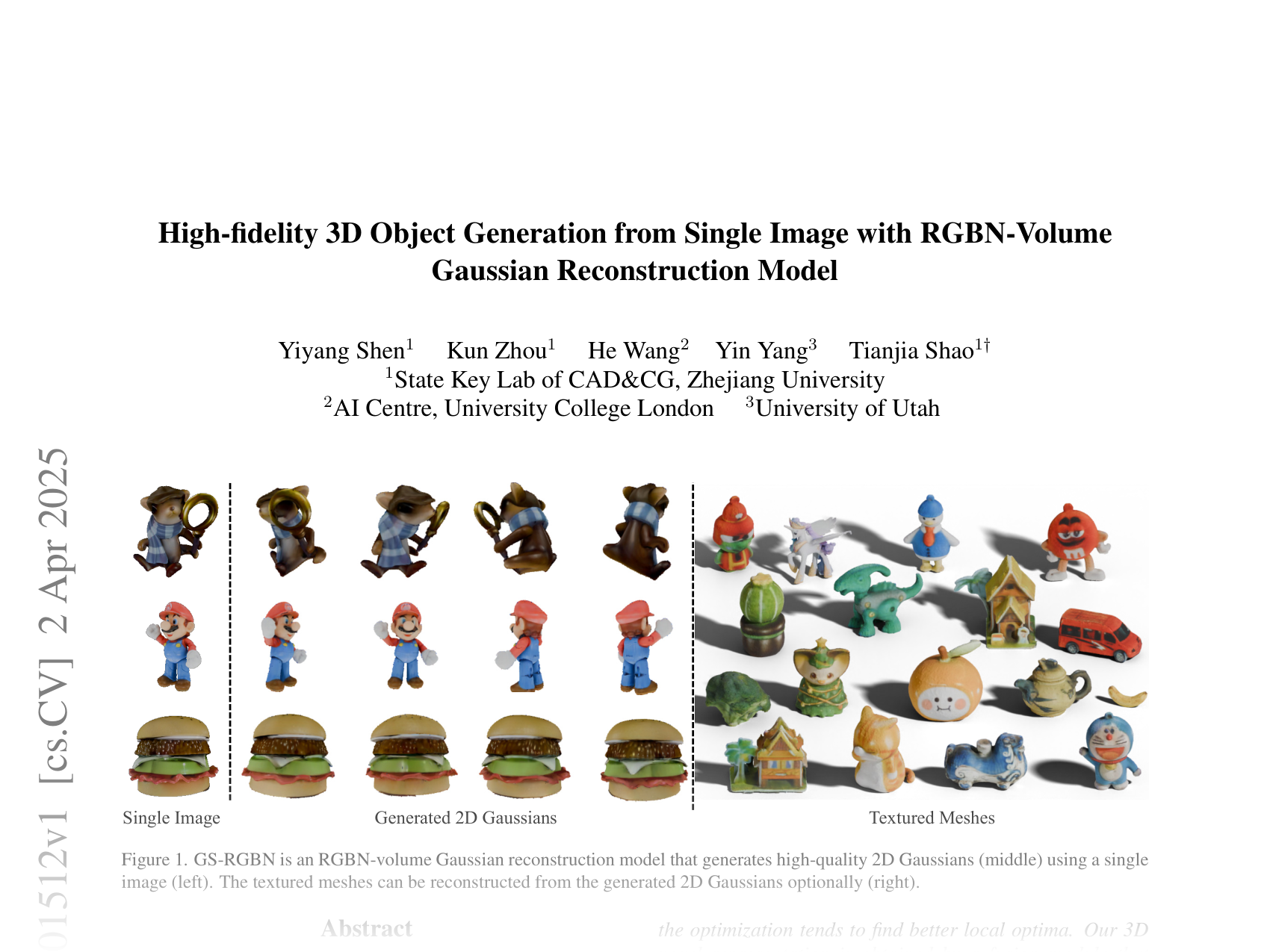 [High-fidelity 3D Object Generation from Single Image with RGBN-Volume Gaussian Reconstruction Model 🔗](https://arxiv.org/abs/2504.01512)