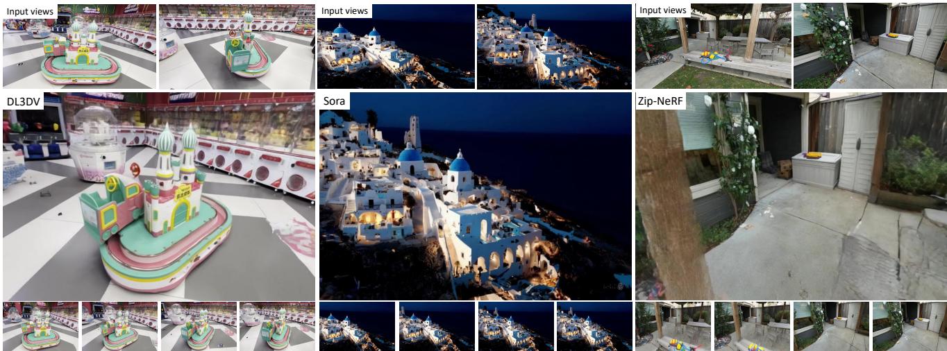 Figure 1. VideoScene enables one-step video generation of 3D scenes with strong structural consistency from just two input images.