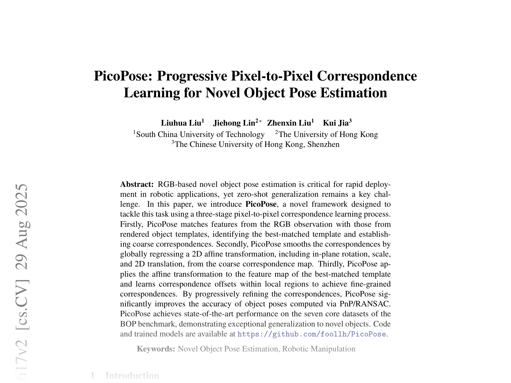 [PicoPose: Progressive Pixel-to-Pixel Correspondence Learning for Novel Object Pose Estimation 🔗](https://arxiv.org/abs/2504.02617)