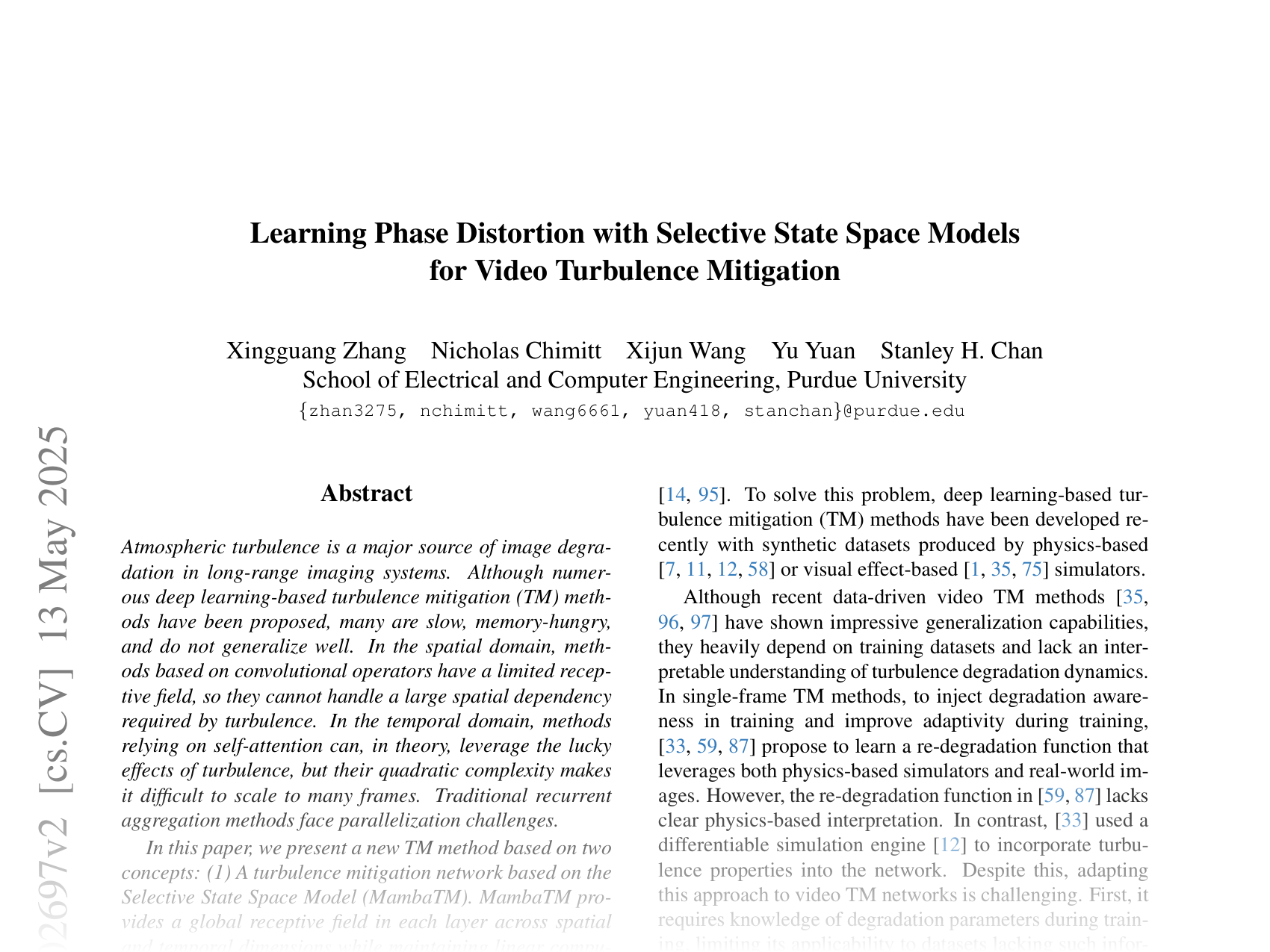[Learning Phase Distortion with Selective State Space Models for Video Turbulence Mitigation 🔗](https://arxiv.org/abs/2504.02697)