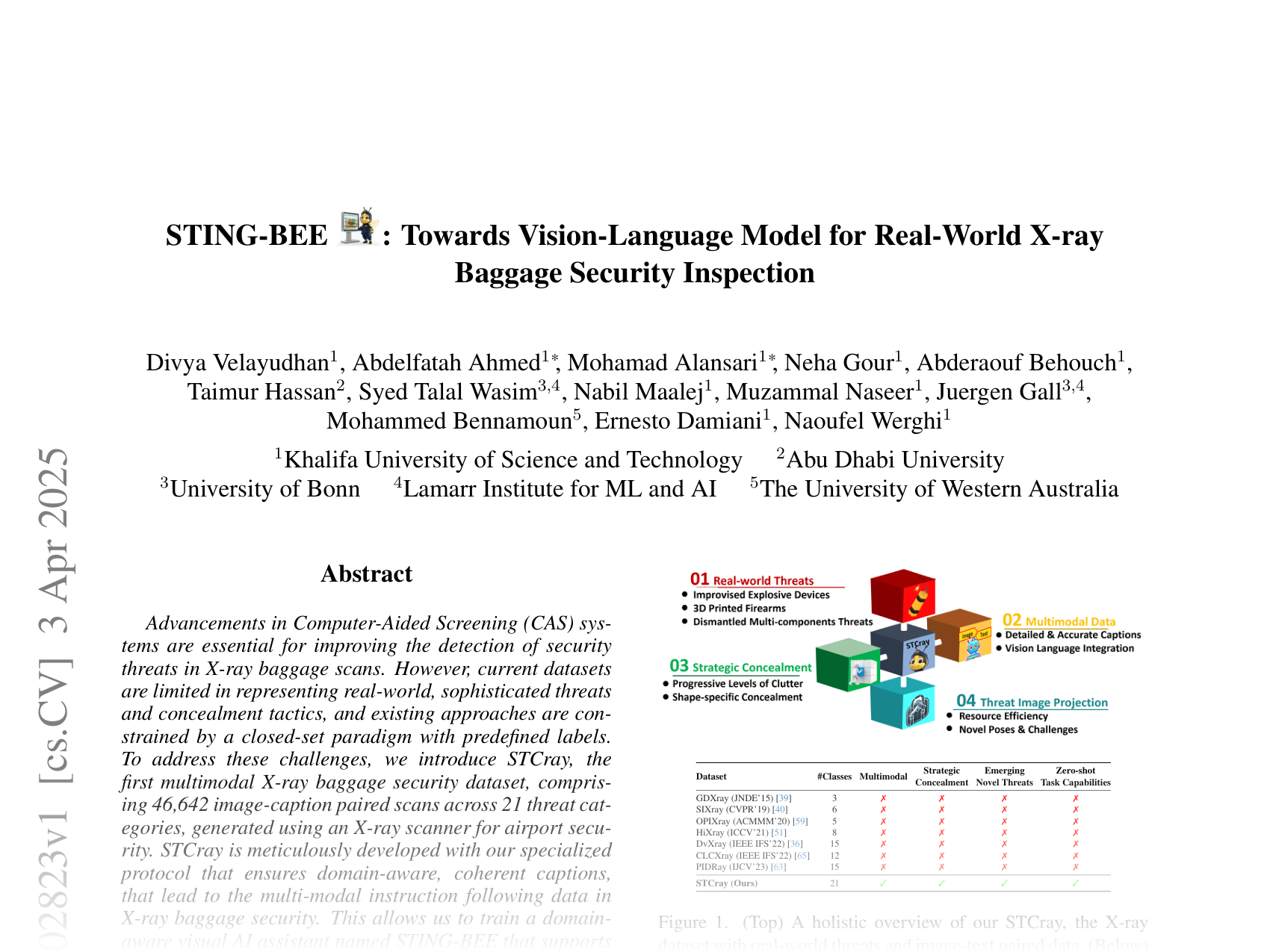 [STING-BEE : Towards Vision-Language Model for Real-World X-ray Baggage Security Inspection 🔗](https://arxiv.org/abs/2504.02823)