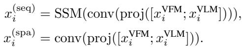 Equation describing the sequential (SSM) and spatial (conv) branches.