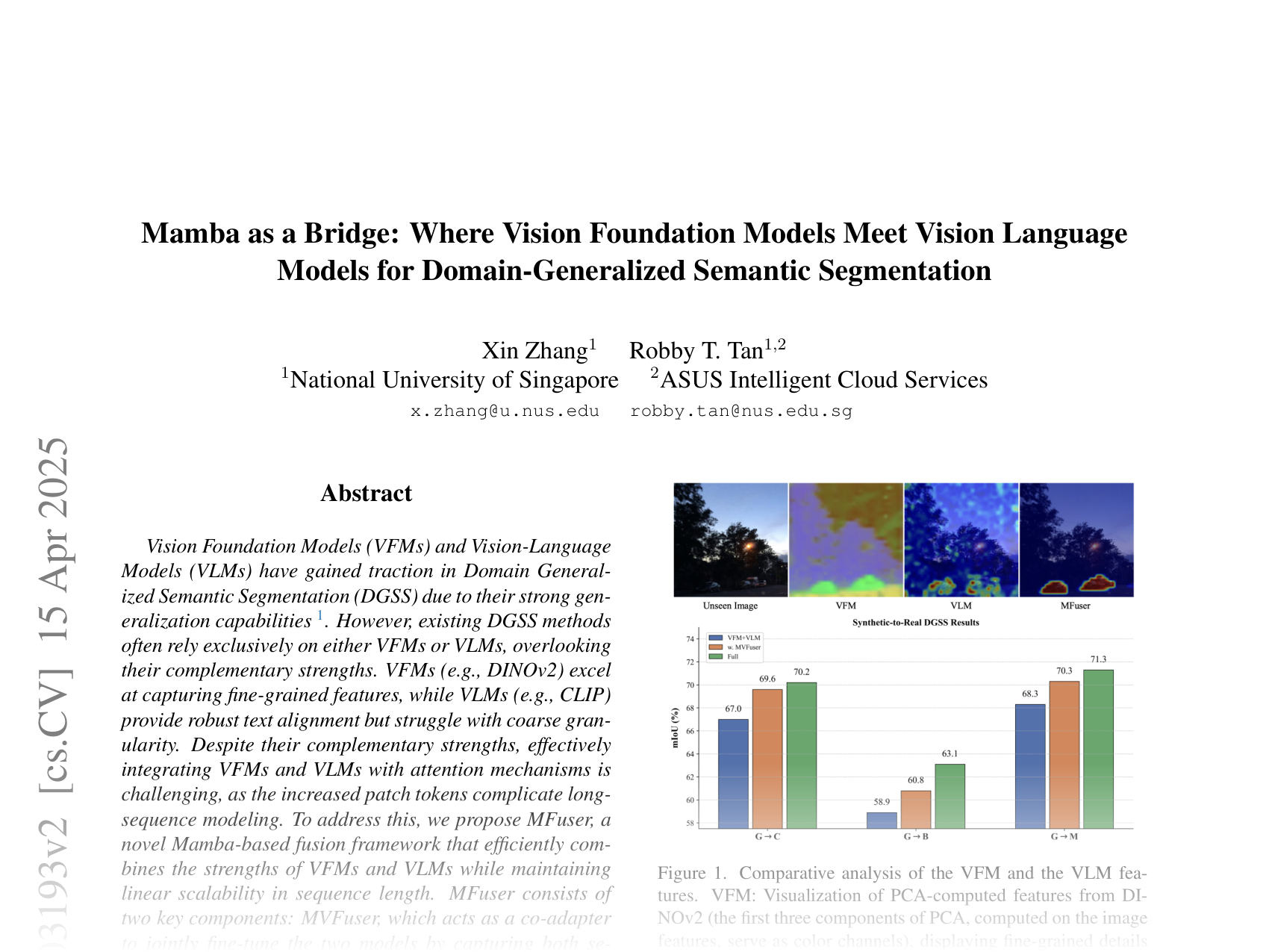 [Mamba as a Bridge: Where Vision Foundation Models Meet Vision Language Models for Domain-Generalized Semantic Segmentation 🔗](https://arxiv.org/abs/2504.03193)