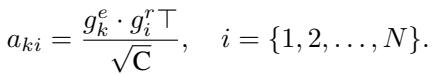 Equation for calculating attention weights a_ki based on query and key embeddings.