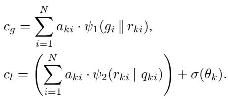 Equation defining global condition c_g and local condition c_l using summation of weighted projections and rotational features.