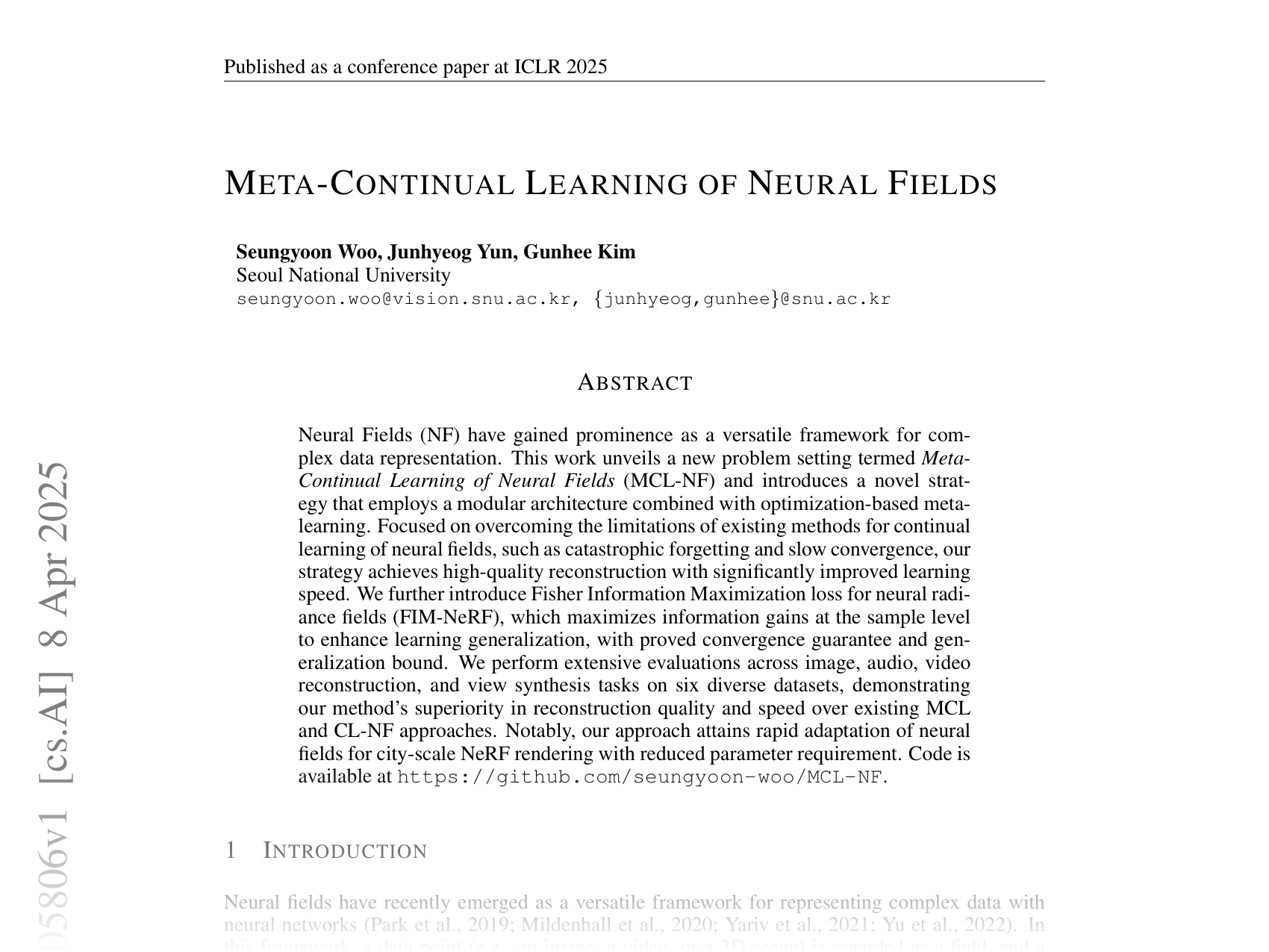 [META-CONTINUAL LEARNING OF NEURAL FIELDS 🔗](https://arxiv.org/abs/2504.05806)