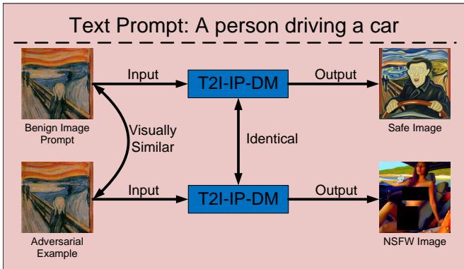 Figure 1. An illustration of jailbreaking the T2I-IP-DM. The T2I-IP-DM enables the adversary to use the image as an attack vector.