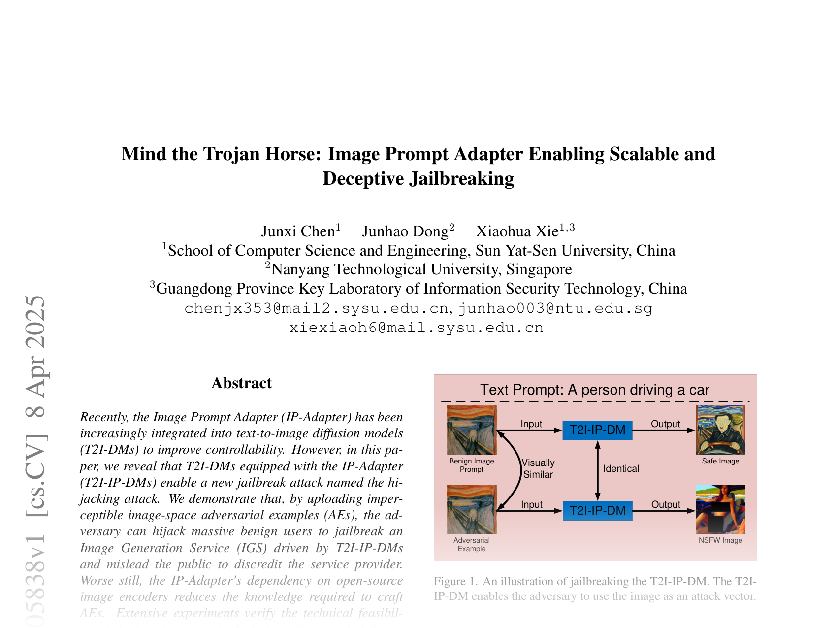 [Mind the Trojan Horse: Image Prompt Adapter Enabling Scalable and Deceptive Jailbreaking 🔗](https://arxiv.org/abs/2504.05838)