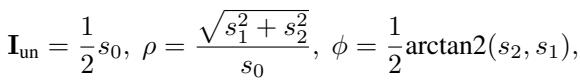 Equations for Unpolarized Intensity, DoP, and AoP.