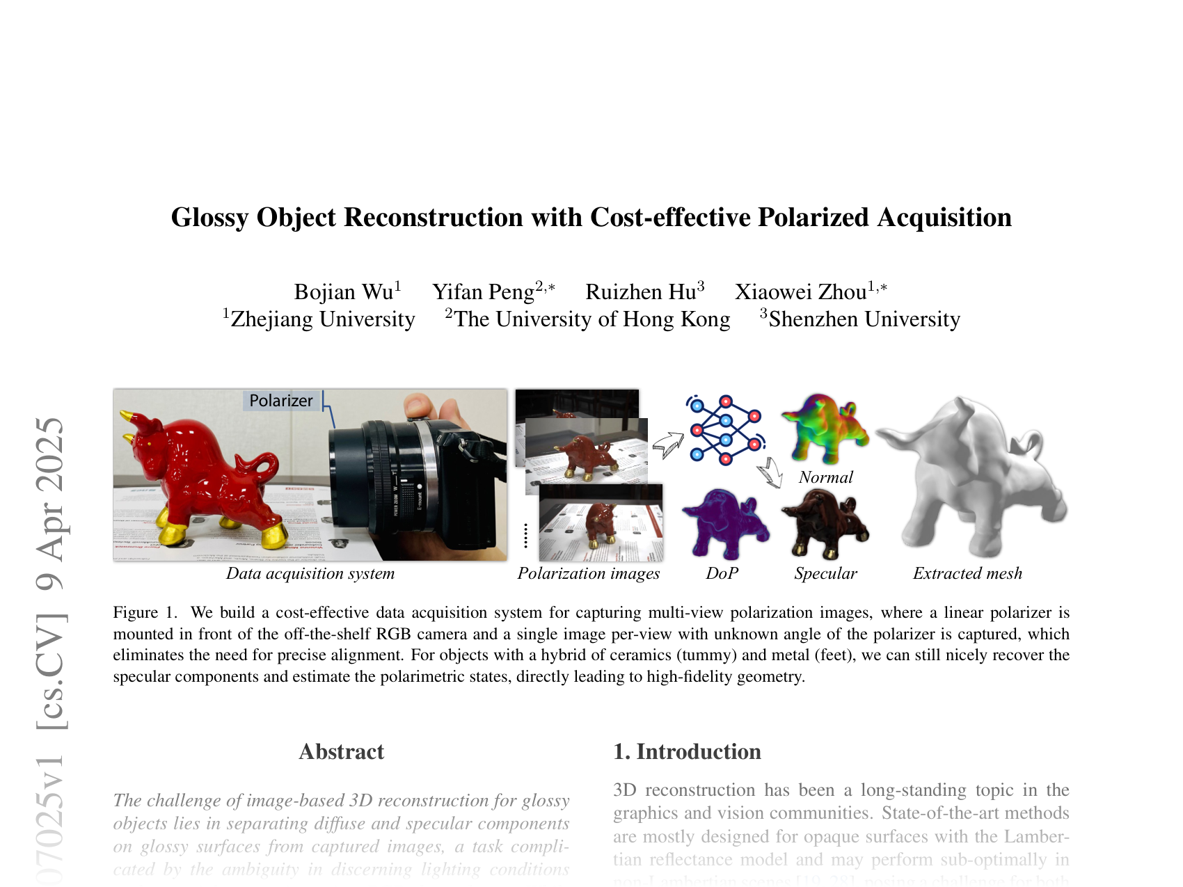 [Glossy Object Reconstruction with Cost-effective Polarized Acquisition 🔗](https://arxiv.org/abs/2504.07025)