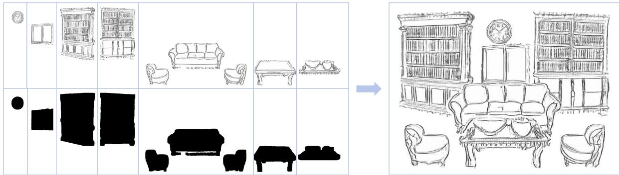 An example of composing a complex living room scene by generating individual furniture pieces and layering them together.