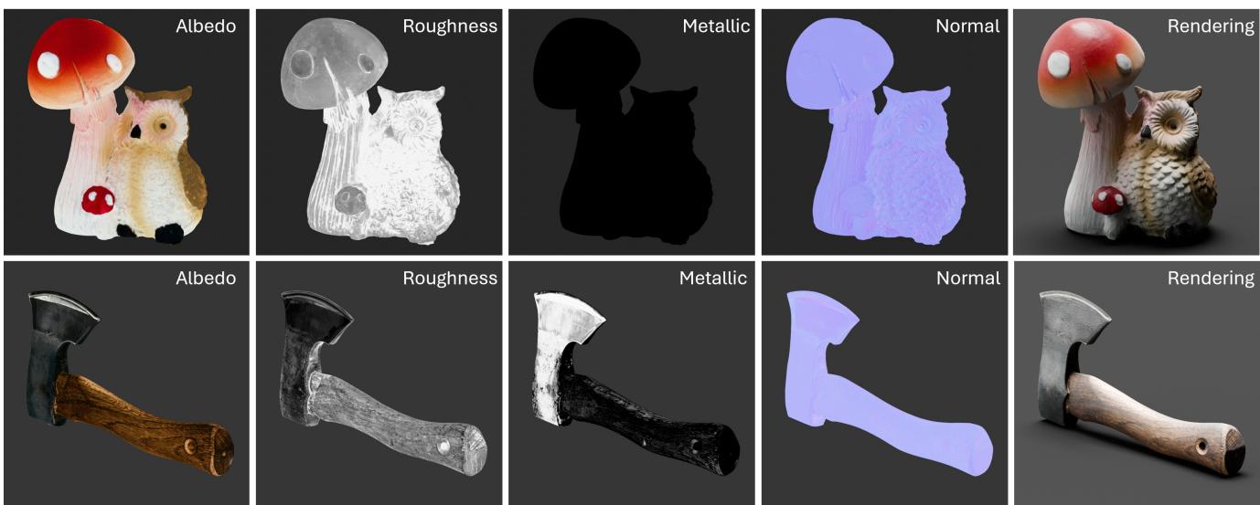 Example DTC models showing Albedo, Roughness, Metallic, Normal, and final Rendering.