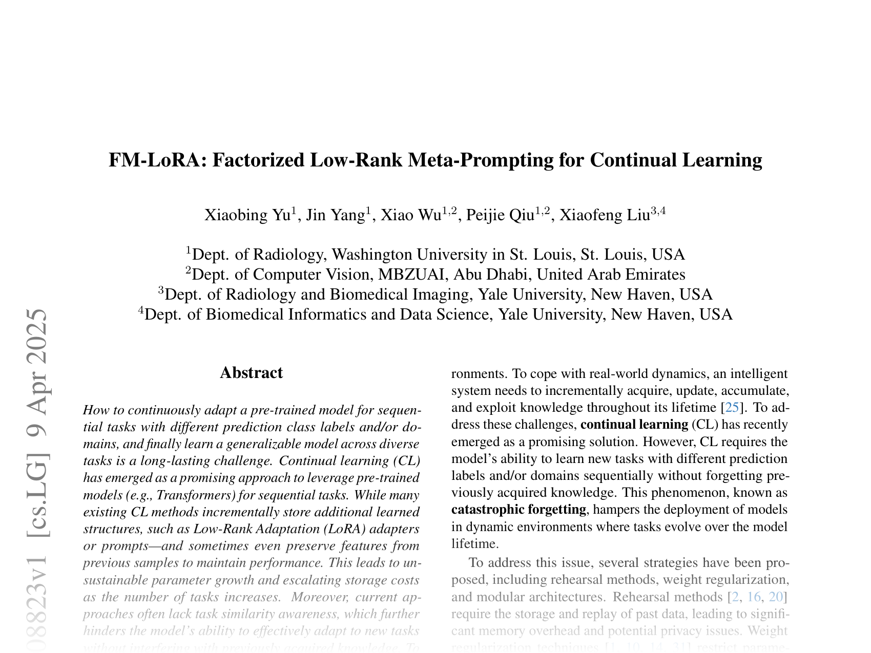 [FM-LoRA: Factorized Low-Rank Meta-Prompting for Continual Learning 🔗](https://arxiv.org/abs/2504.08823)