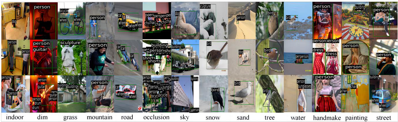 Figure 1. Examples of images in COUNTS. Each image is annotated with domain and objects.