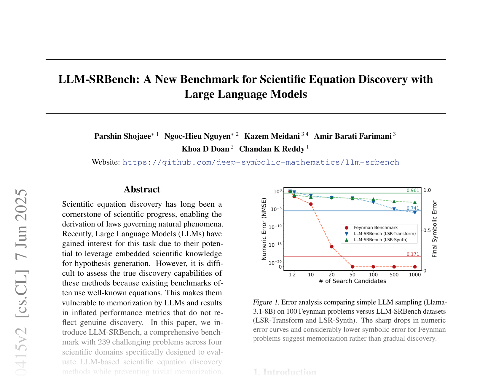 [LLM-SRBench: A New Benchmark for Scientific Equation Discovery with Large Language Models 🔗](https://arxiv.org/abs/2504.10415)
