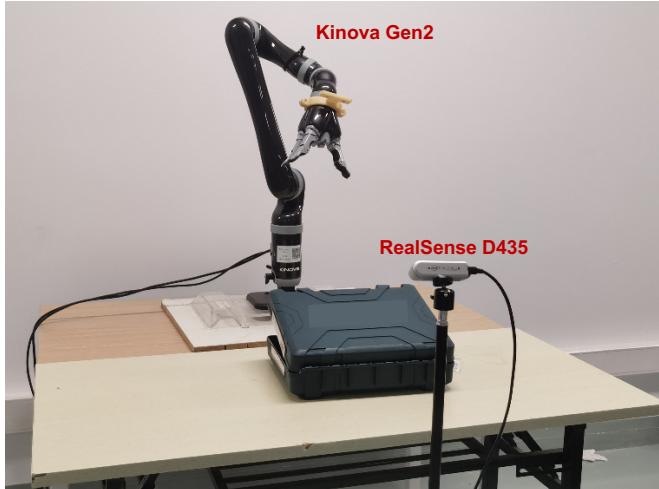 The robotic setup with Kinova arm and RealSense camera.