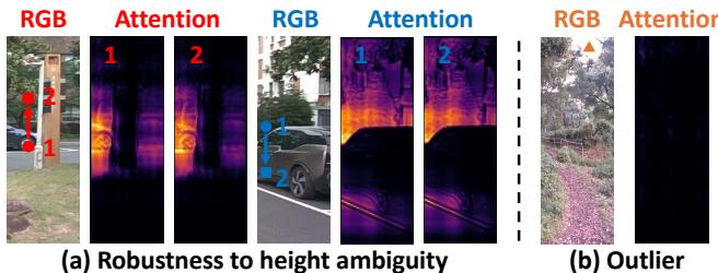 Figure 8: Robustness tests. (a) Even when radar points are vertically shifted (squares vs circles), the attention map finds the correct object. (b) The model successfully ignores outliers (orange triangle).
