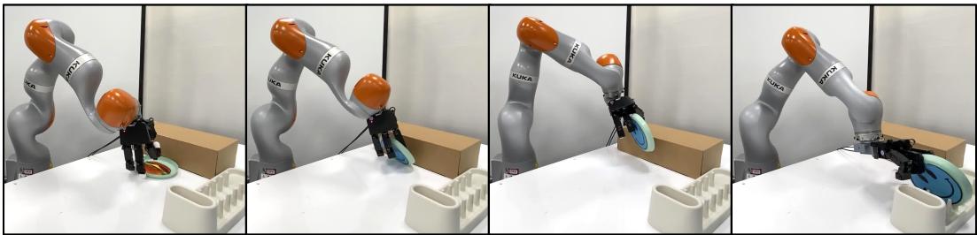 Figure 13: Plate Pivot Lift Rack. Robot converges on a strategy that is guided by the human demonstration, but adapted to its morphological differences.