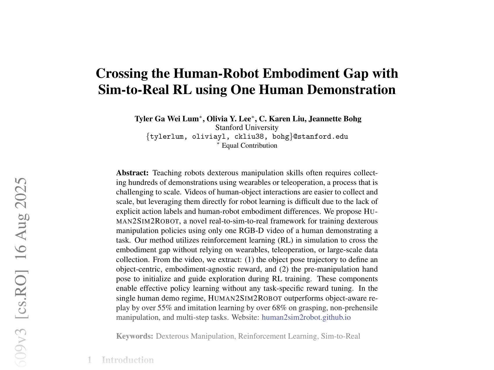 [Crossing the Human-Robot Embodiment Gap with Sim-to-Real RL using One Human Demonstration 🔗](https://arxiv.org/abs/2504.12609)