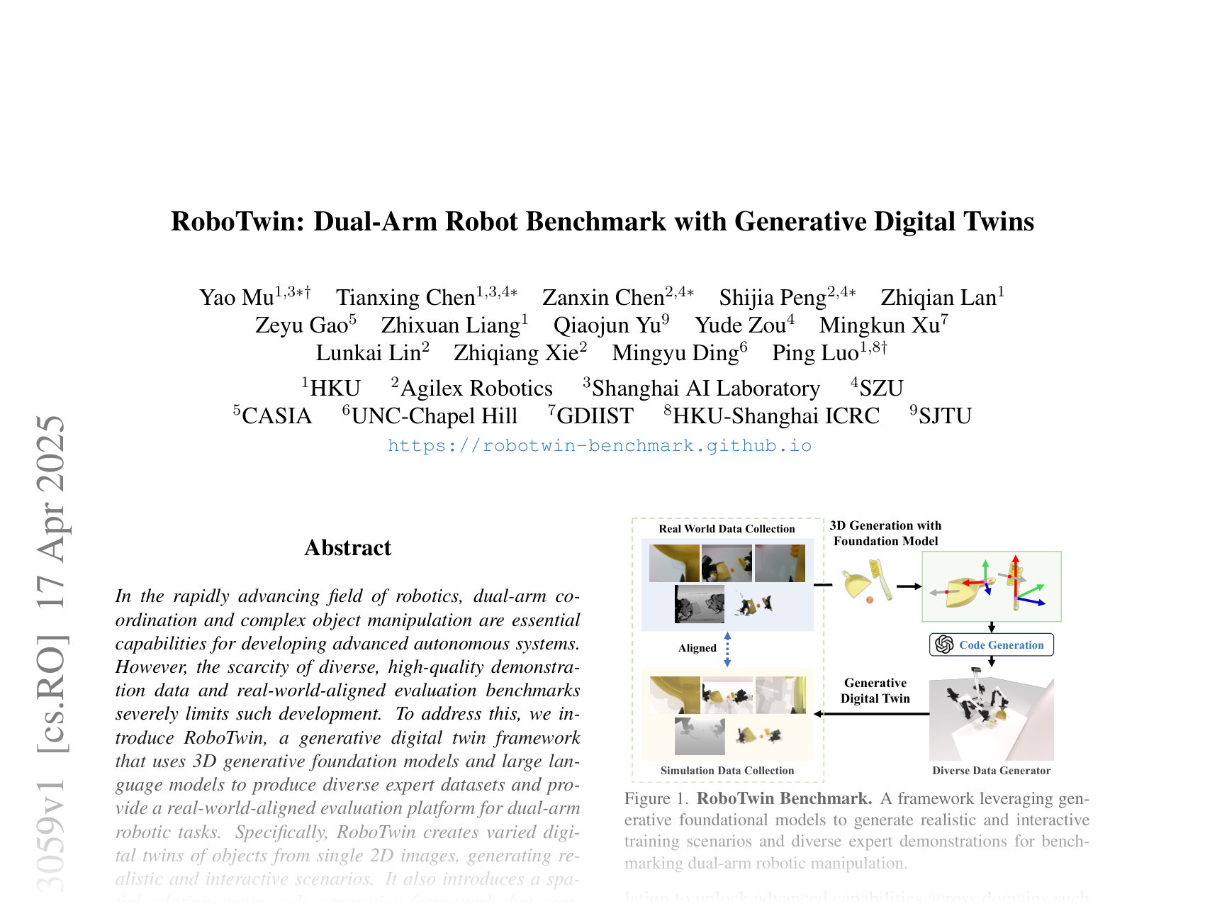 [RoboTwin: Dual-Arm Robot Benchmark with Generative Digital Twins 🔗](https://arxiv.org/abs/2504.13059)