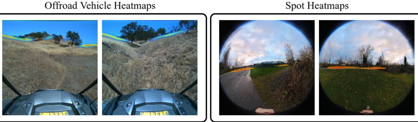 Heatmap examples. Top left: Racer Heavy identifying gaps in trees. Bottom right: Spot identifying paths in a park. Red indicates high confidence.