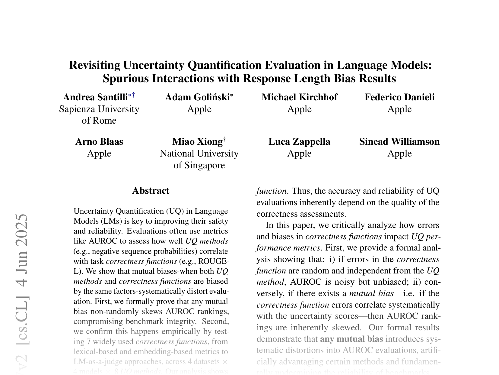 [Revisiting Uncertainty Quantification Evaluation in Language Models: Spurious Interactions with Response Length Bias 🔗](https://arxiv.org/abs/2504.13677)