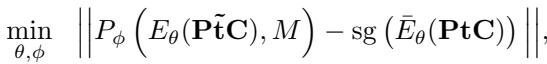 Equation 1: The loss function for 3D-JEPA. It minimizes the distance between the predictor&rsquo;s output (based on masked input) and the target encoder&rsquo;s output (based on full input). Note the stop-gradient (sg) on the target encoder, which is crucial for stability.