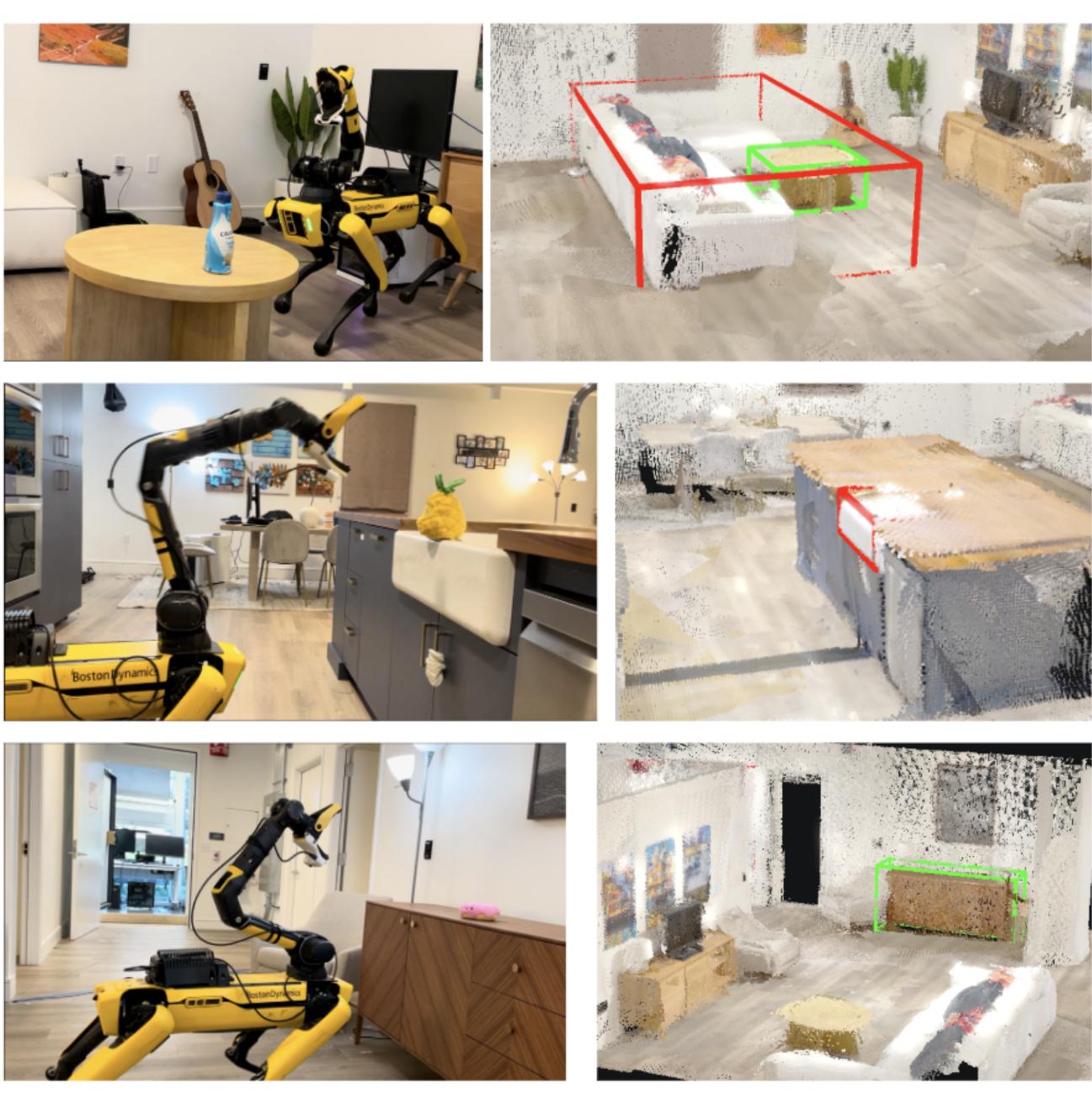 Figure 12: Robot experiments. The Spot robot (left images) successfully localizes objects like &ldquo;coffee table in front of the sofa&rdquo; (top) and &ldquo;dresser in the hallway&rdquo; (bottom), visualized by the bounding boxes in the point clouds (right).