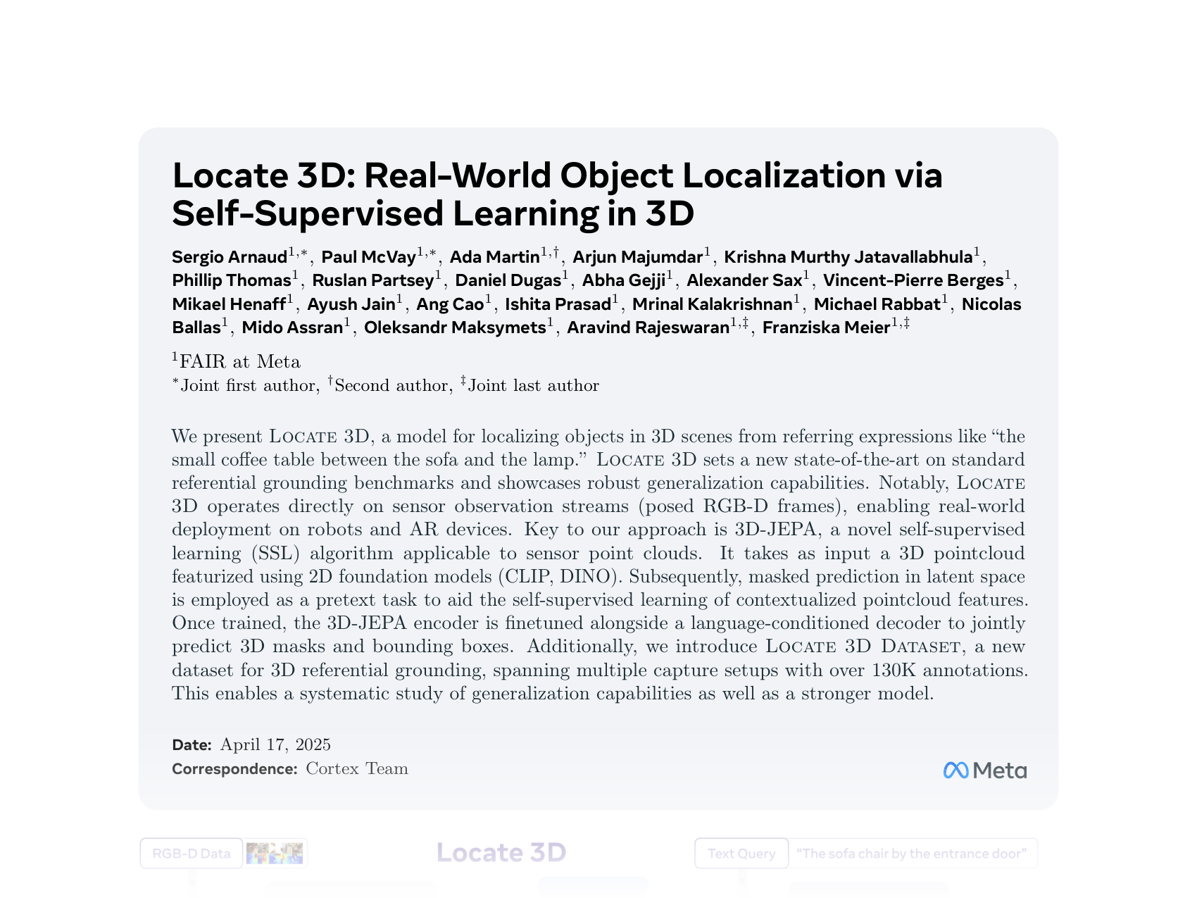 [Locate 3D: Real-World Object Localization via Self-Supervised Learning in 3D 🔗](https://arxiv.org/abs/2504.14151)