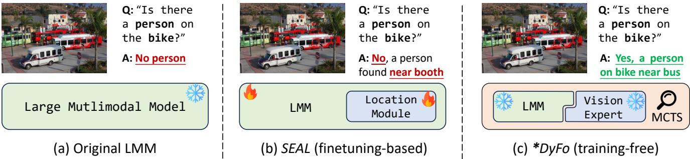 Figure 1. An illustration of three mechanisms for large multimodal models (LMMs) in fine-grained visual understanding tasks.