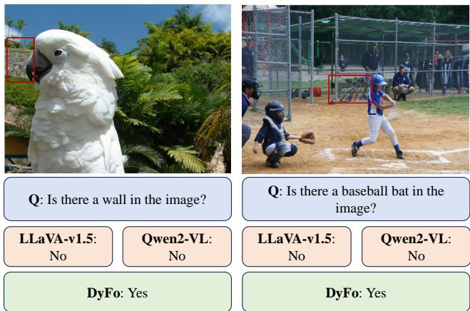 Figure 4. Comparison between the responses of LLaVA-v1.5, Qwen2-VL and our method DyFo on POPE cases.