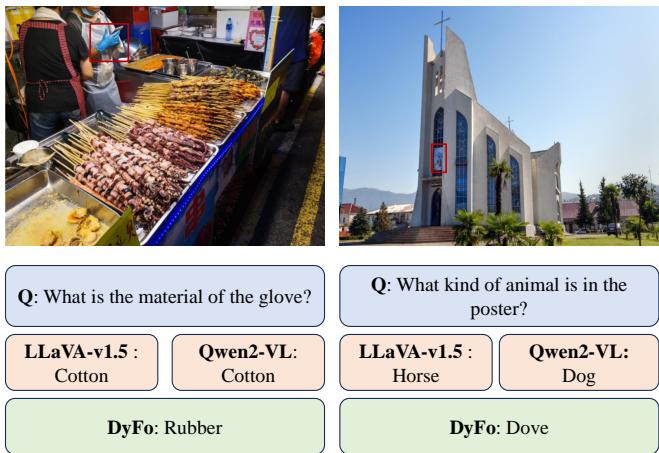 Figure 5. Comparison between the responses of LLaVA-v1.5, Qwen2-VL and our method DyFo on V* Bench several cases.