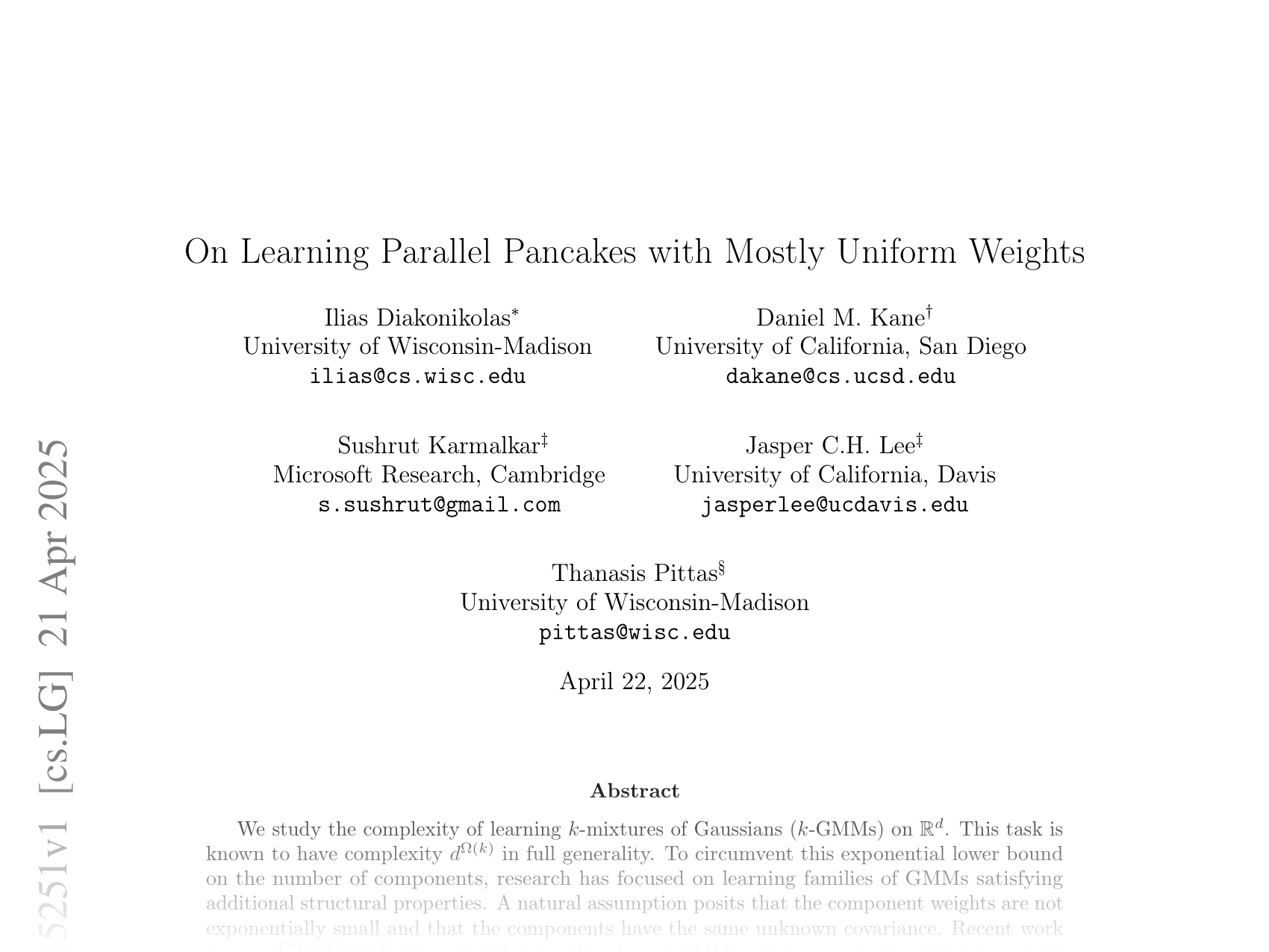 [On Learning Parallel Pancakes with Mostly Uniform Weights 🔗](https://arxiv.org/abs/2504.15251)