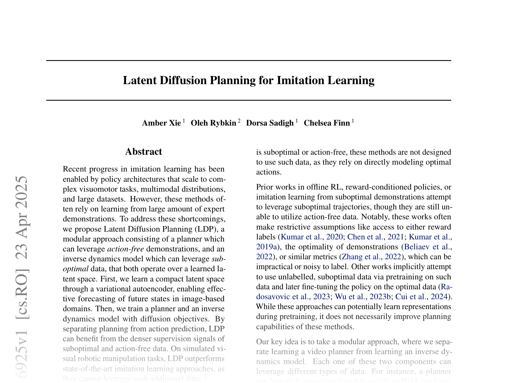 [Latent Diffusion Planning for Imitation Learning 🔗](https://arxiv.org/abs/2504.16925)