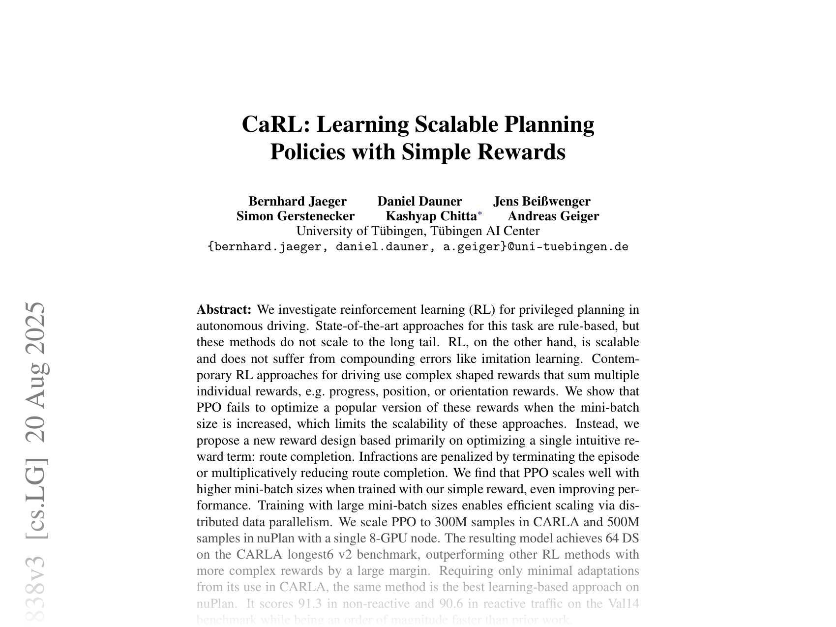 [CaRL: Learning Scalable Planning Policies with Simple Rewards 🔗](https://arxiv.org/abs/2504.17838)