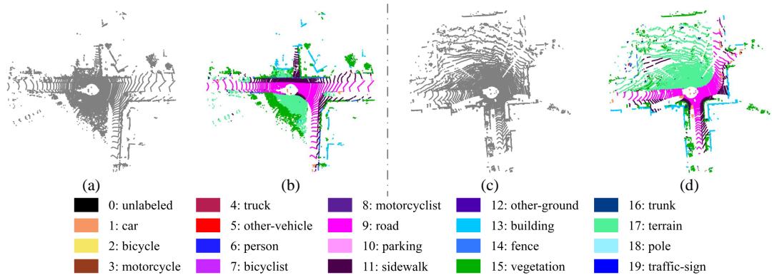 Figure 7: Details of semantic point cloud. Figures (a) and (c) display the raw point clouds, while (b) and (d) render them with semantic coloring.