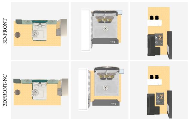 Figure 5: Dataset refinement. The third column shows how the method adjusts positions to prevent intersections while preserving the scene structure.