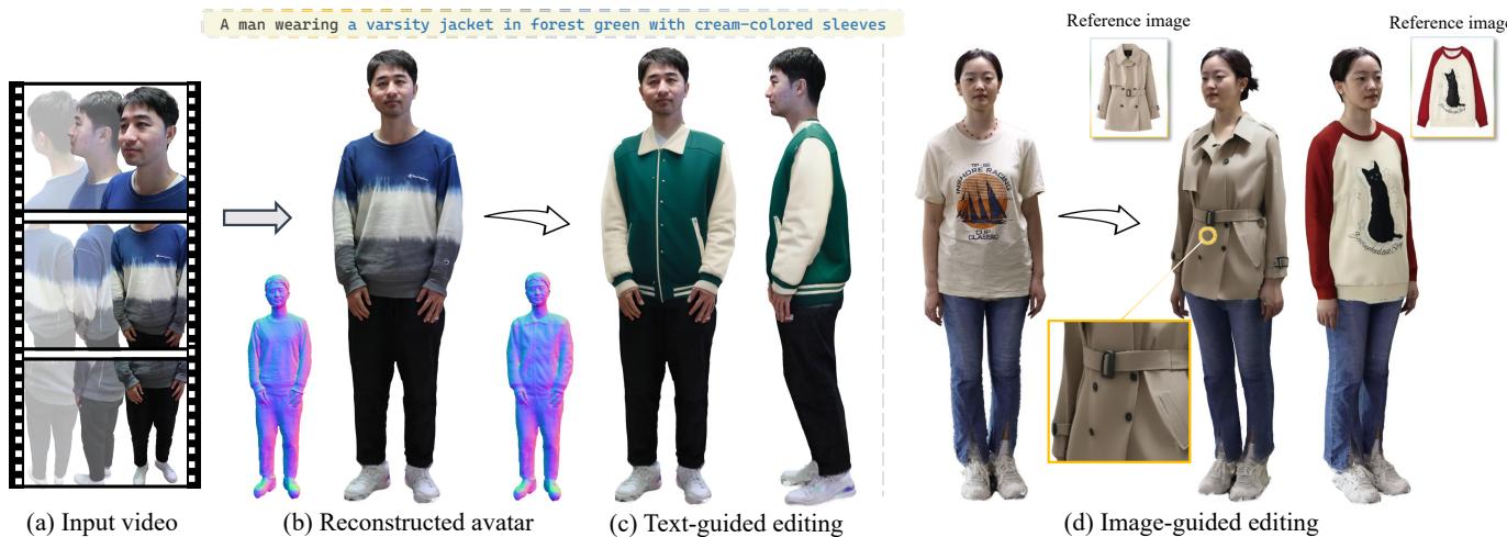 Figure 1. Given a short RGB video, the method generates editable 3D avatars with text or image guidance.