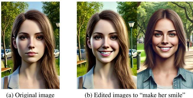 Figure 1. An example highlighting the importance of consistency in image editing. The left result is more consistent with the input than the right one, better preserving her identity.
