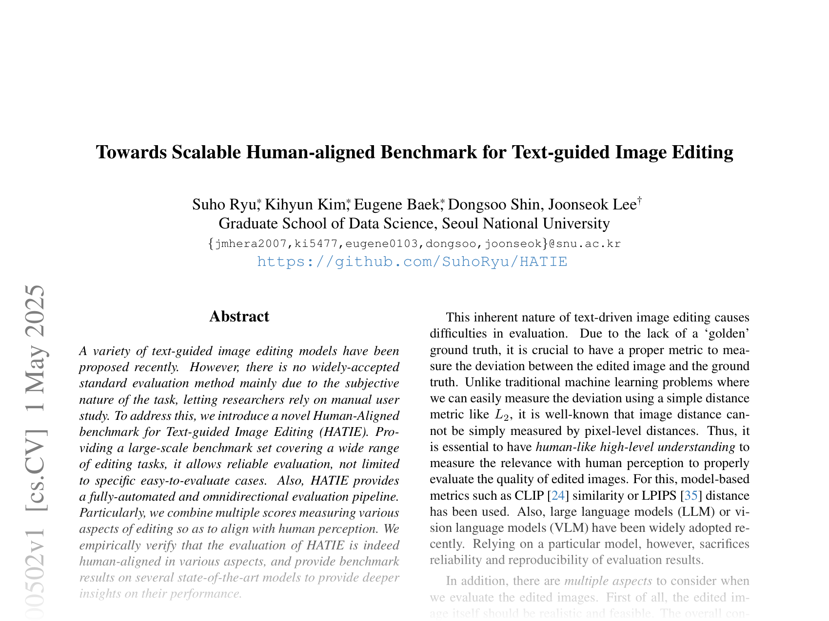 [Towards Scalable Human-aligned Benchmark for Text-guided Image Editing 🔗](https://arxiv.org/abs/2505.00502)