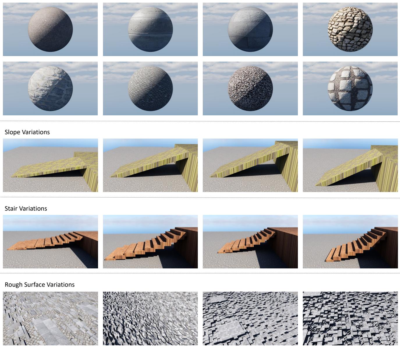 Samples of different terrain settings including textures, slopes, and stairs.