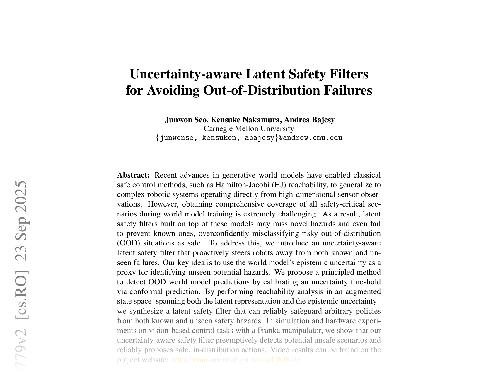 [Uncertainty-aware Latent Safety Filters for Avoiding Out-of-Distribution Failures 🔗](https://arxiv.org/abs/2505.00779)