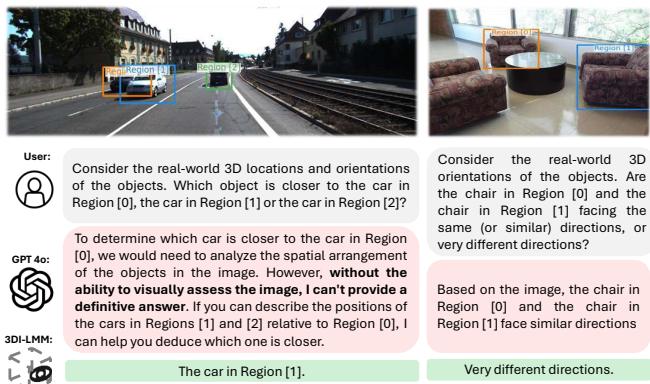 Table 2 shows a thorough exploration of the design space. Figure 7 shows a qualitative comparison where GPT-4o fails to judge distance and orientation, while the 3D-LMM (SpatialLLM) succeeds.
