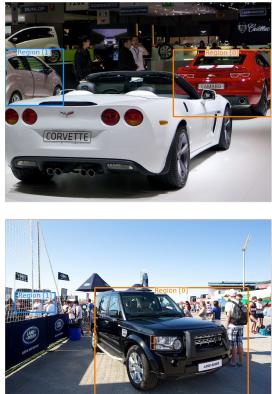 The image displays examples of the training data. For instance, a question asks if a Corvette and another car are facing the same direction based on real-world 3D orientations.