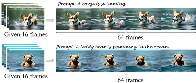 Figure 9. Result of continuing generation based on a given video. A short clip of a corgi or bear is successfully extended to 64 frames.