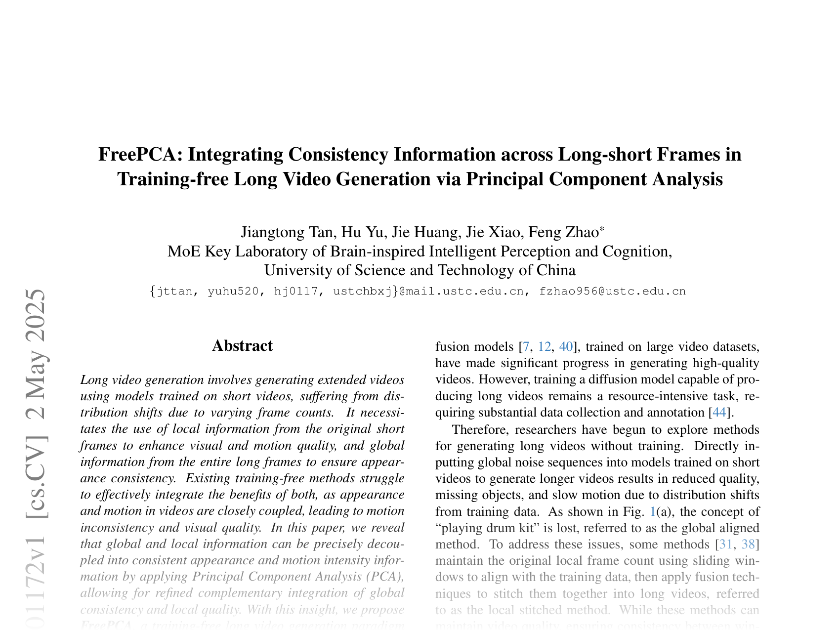 [FreePCA: Integrating Consistency Information across Long-short Frames in Training-free Long Video Generation via Principal Component Analysis 🔗](https://arxiv.org/abs/2505.01172)